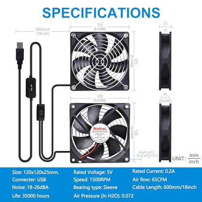 2 Packs Wathai 120mm x 25mm USB Fan with Speed Controller for Computer Receiver AV cabint Game Console PC Laptop TV Box Projector Router Cooling - size: 120x25mm (5V)