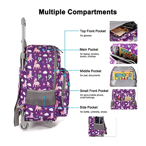 Tilami Rolling Backpack 18 inch Double Handle with Lunch Bag Wheeled Kids Backpack for Girls and Boys, Purple Alpaca - color: Purple Alpaca