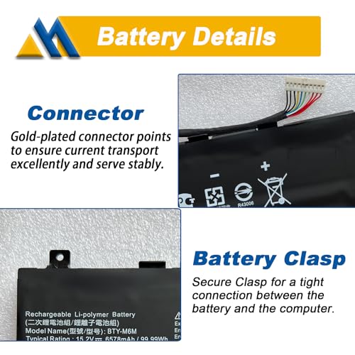 BTY-M6M 99.99Wh Laptop Battery Replacement for MSI GS66 Stealth 10SE 10SF 11UE 11UH GE66 Raider 10UG 11UG GE76 for Raider 11UE 11UG GE76 for Dragon Tiamat 11UH WS66 10TM 11UMT 11UKT for Creator 15 - size: 13.98*4.53*0.33 inch BTY-M6M