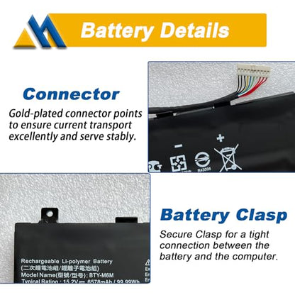 BTY-M6M 99.99Wh Laptop Battery Replacement for MSI GS66 Stealth 10SE 10SF 11UE 11UH GE66 Raider 10UG 11UG GE76 for Raider 11UE 11UG GE76 for Dragon Tiamat 11UH WS66 10TM 11UMT 11UKT for Creator 15 - size: 13.98*4.53*0.33 inch BTY-M6M