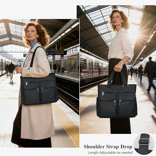 VOLGANIK ROCK Canvas Tote Bag Waterproof Nylon Multi Pocket Shoulder Bags Laptop Work Bag Teacher Purse Handbag for Women Men - color: Black