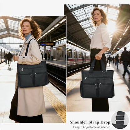 VOLGANIK ROCK Canvas Tote Bag Waterproof Nylon Multi Pocket Shoulder Bags Laptop Work Bag Teacher Purse Handbag for Women Men - color: Black