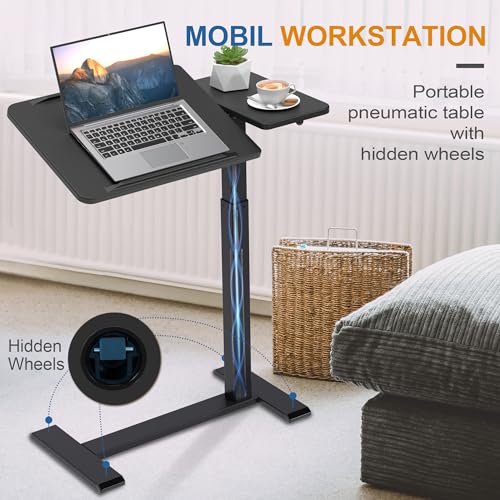 Adjustable Overbed Bedside Table with Hidden Wheels, Pneumatic Tilt Board Rolling Laptop Standing Desk Cart, Mobile Over Bed Sofa Chair Side End Tables, Walnut (Black) - color: Black