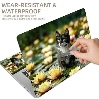 Universal Laptop Skin Sticker for 12/13/14/15.6 Inch Laptops, Reusable Vinyl Laptop Decal Cover, Waterproof Scratch Resistant Notebook Skin with 2 Wrist Pads,Water Lily Cat - color: Water Lily Cat