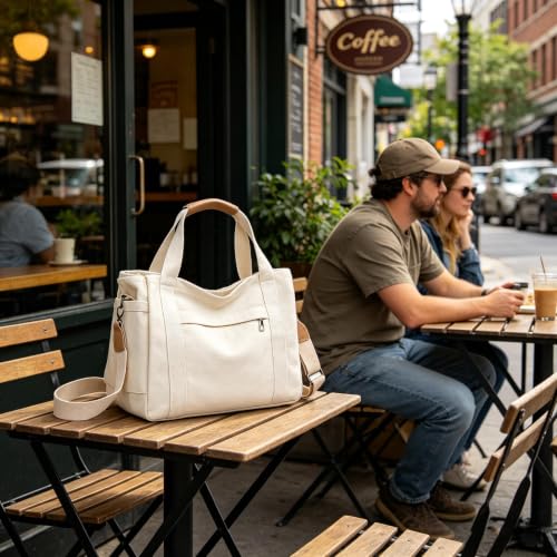 JARKJARD Canvas Crossbody Tote Bag for Women Laptop Work Handbag | Cute Aesthetic Shoulder Messenger Purse with Zipper Pockets and Compartments Great for Daily Travel and Office use - color: White