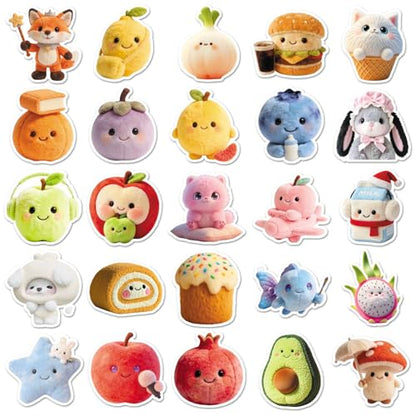 50 PCS Cute Plush Stickers for Scrapbooking, Kawaii Cartoon Decals for Journaling Planner, Waterproof Adorable Food Animal Vinyl Stickers for Water Bottle Laptop Phone DIY Crafts - style: A6
