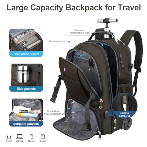Backpack with wheels,rolling backpack with 2 Packing Cubes and compression bags,Laptop Compartment,Water Resistant Luggage suitcase,Air Travel,Weekend Trips (Brown) - color: Brown