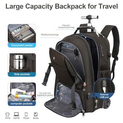 Backpack with wheels,rolling backpack with 2 Packing Cubes and compression bags,Laptop Compartment,Water Resistant Luggage suitcase,Air Travel,Weekend Trips (Brown) - color: Brown