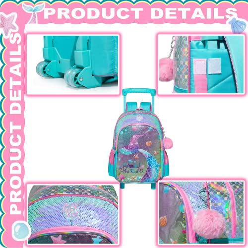 Mermaid Rolling Backpack for Girls with Lunch Box Kids Backpack with Wheels for School Sequin Rolling Backpacks for Kindergarten Girls Trolley Trips Kids Luggage - color: Blue Mermaid
