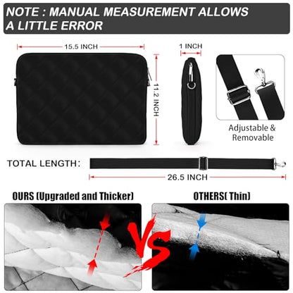 Puffy Quilted Laptop Sleeve with a Shoulder Strap Compatible with MacBook Air 15 inch M2 A2941 2023/Pro 15 A1990 A1707, 15 Surface Laptop 5/4/3, Compatible with Dell XPS 15 - color: Sleeve - Black, size: 15 inch