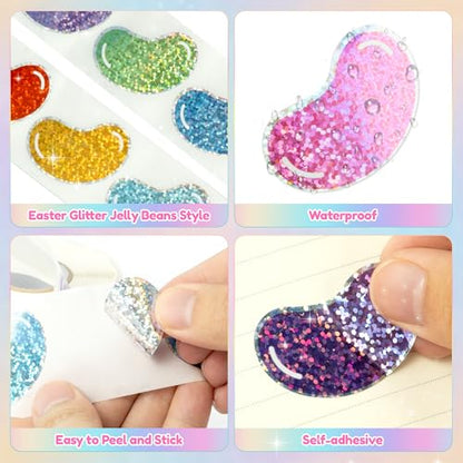 Glitter Jelly Bean Sticker - 1000 Pcs Candy Sparkle Glitter Waterproof Vinyl Reusable Laptop Stickers Coloring Book Scrapbook Water Bottle Page Activity Pad Birthday Party Favors Skateboard - style: Easter Glitter Jelly Beans