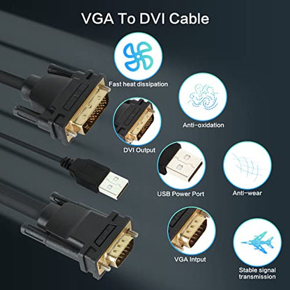 VCOM Male VGA to DVI Cable with Power, 6FT VGA to DVI-I Cable with USB,Gold Plated with Chip, Active Adapter Converter Cable for PC Laptop DVD Monitor HDTV Projector
