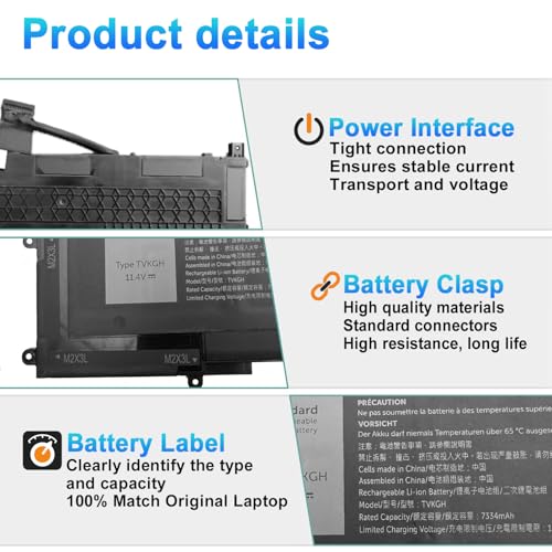 88Wh TVKGH Laptop Battery Replacement for Dell Latitude 9510 9520 & 9520 2-in-1 Series Notebook N7HT0 V5K68 0HYMNG N2NLL 08NFC7 089GNG 0PKW00 11.4V 7334mAh - size: 10.39*5.51*0.41inch TVKGH