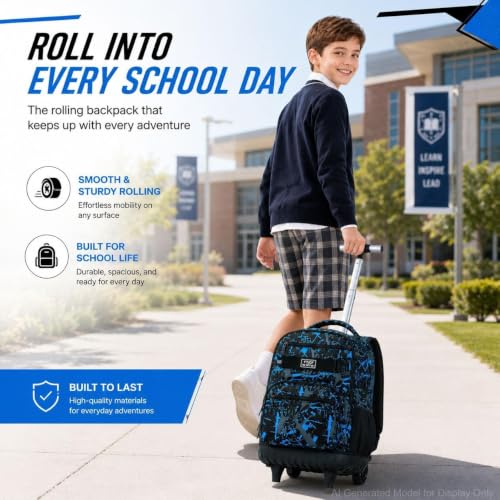 3Pcs Rolling Backpack for Boys, Men Roller Bag with Wheels for Adults, 19 Inche Graffiti Wheeled Bookbag with Lunch Box(Blue) - color: Graffiti Blue