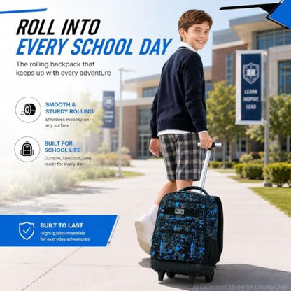 3Pcs Rolling Backpack for Boys, Men Roller Bag with Wheels for Adults, 19 Inche Graffiti Wheeled Bookbag with Lunch Box(Blue) - color: Graffiti Blue