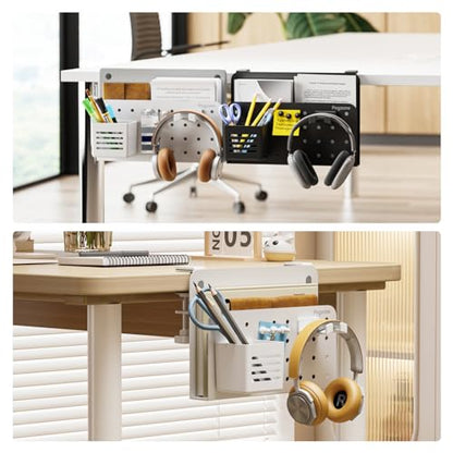 PEGZONE Desk Side Storage Organizer, No Drill Under Desk Laptop Holder, Clamp on Desks Shelf with Pegboard Accessories, Hanging Laptop Mount, Fits Flat Edge 0.4" to 2.2", White | No Drill Under Desk Laptop Holder, Clamp on Desks Shelf with Pegboard Access
