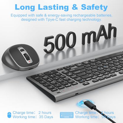 Rechargeable Wireless Keyboard and Mouse, with Number Pad Grey | Quiet Silent, Slim Thin Flat Low Profile Soft Key, USB C, with Skin Cover, Ergonomic Mouse, for Mac Windows PC, Home Office - color: Black Grey