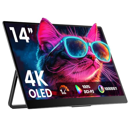 Upperizon Portable Monitor 14 inch 4K 3840X2400 100000:1 100% DCI-P3 OLED HDMI USB-C Travel Monitor for Laptop MacBook PC Surface PS5 Xbox, External Display with Kickstand & Speakers, VESA Compatible - size: 14 inch