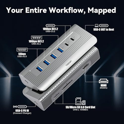TRENFI Aluminum USB C Hub with Detachable Cable | USB 3.2 Gen2 10Gbps, 4K 60Hz HDMI, 100W PD Charging, SD/Micro SD for Laptop, M1-M5 MacBook Pro/Air, Mac Mini (Silver)