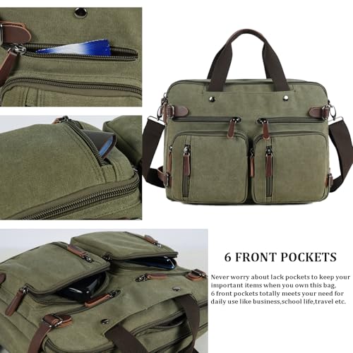 CROCOD 3 In 1 Canvas Convertible Laptop Bag for Men Women, 17.3 inch Laptop Messenger Bag Work Briefcase, Computer Shoulder Bag for Travel Business Office (Green, 17.3 Inch) - color: Green
