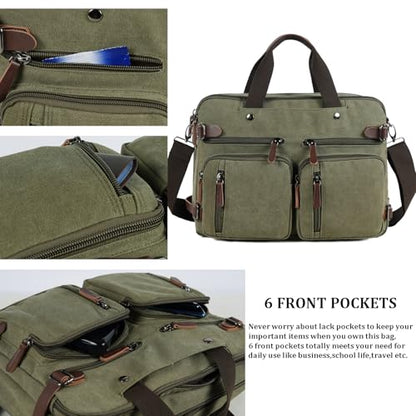 CROCOD 3 In 1 Canvas Convertible Laptop Bag for Men Women, 17.3 inch Laptop Messenger Bag Work Briefcase, Computer Shoulder Bag for Travel Business Office (Green, 17.3 Inch) - color: Green
