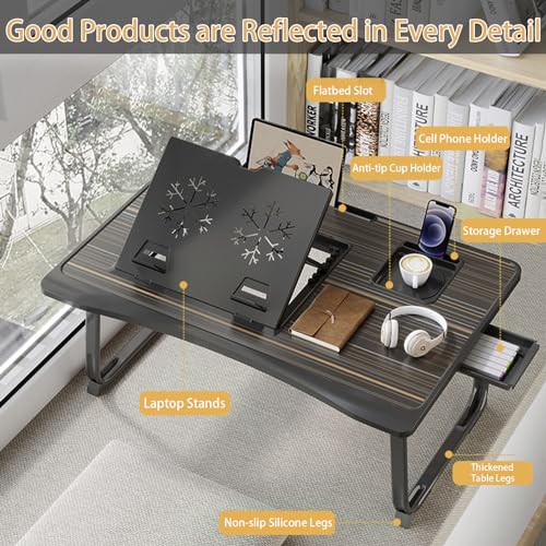Adjustable Laptop Desk for Bed with 6 Different Angles | Portable Lap Tray Table with Storage Drawer and Cup Holder, Laptop Bed Desk Tray for Eating Working Writing Reading (Black)