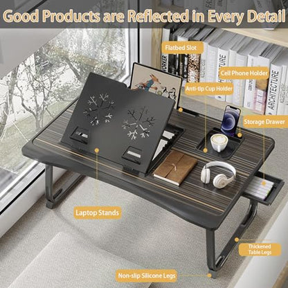 Adjustable Laptop Desk for Bed with 6 Different Angles | Portable Lap Tray Table with Storage Drawer and Cup Holder, Laptop Bed Desk Tray for Eating Working Writing Reading (Black)