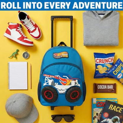 Get Trend Hot Wheels Monster Trucks 3D Rolling Luggage, 18” Travel Bag | 23L Cabin Suitcase, Lightweight Kids Carry On Backpack with Telescopic Handle for Trips, Holidays & School - color: Multi/Blue Hot Wheels