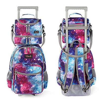 Tilami Rolling Backpack 18 inch Double Handle with Lunch Bag Wheeled Kids Backpack for Girls and Boys, Galaxy - color: Galaxy