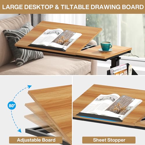 Tribesigns Height Adjustable C-Shaped Table with Wheels, Mobile Couch Side Table with with Tiltable Drawing Board, Portable Sofa Bedside Laptop Stand C Shaped Desks for Living Room, Bedroom