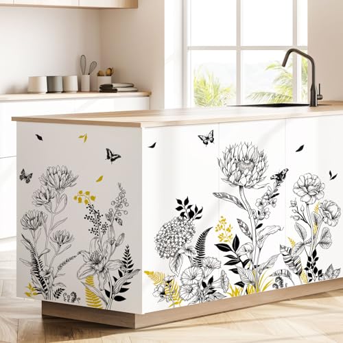 Black Yellow Flower Wall Decals, 3 Sheets Sketch Garden Floral Wall Stickers Simple Line Wildflower Grass Butterflies Art Decor Bedroom Bathroom Hallway Sofa Gifts for Mom(11.8x35.4 in/Sheet) - style: Black Yellow Flower Set