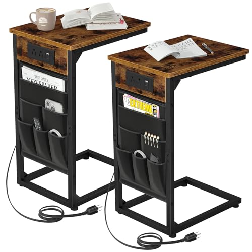 AMHANCIBLE C Shaped End Table with Charging Station, TV Trays, Set of 2 | Couch Side Tables That Slide Under Sofa for Eating, with Storage Bag, USB Ports, for Living Room, Bedroom, Rustic Brown - color: Rustic Brown