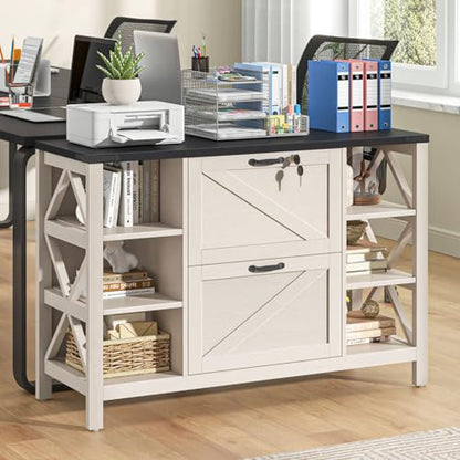 Halitaa 44" Farmhouse Lateral File Cabinet with 2 Drawers, White and Black | Filing Cabinet with Lock for Legal/A4/Letter, Wooden Printer Stand Office Furniture with Adjustable Shelves for Home Office - color: Simple White and Black