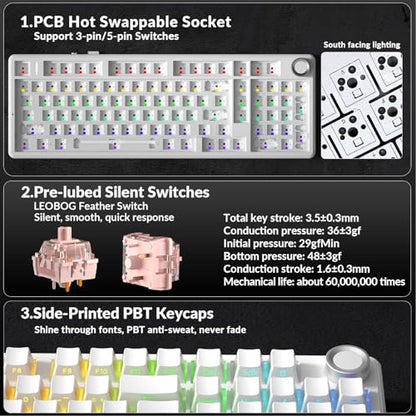 AULA F99 Pro Wireless Mechanical Keyboard-Silent Version,BT5.0/2.4GHz/USB-C Hot Swappable Custom Keyboard,Gasket Structure,Pre-lubed Linear Switches RGB Backlit Computer Gaming Keyboards,White - color: White