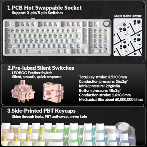 AULA F99 Pro Wireless Mechanical Keyboard-Silent Version,BT5.0/2.4GHz/USB-C Hot Swappable Custom Keyboard,Gasket Structure,Pre-lubed Linear Switches RGB Backlit Computer Gaming Keyboards,White - color: White