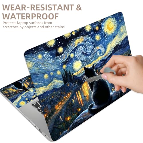Universal Laptop Skin Sticker for 12/13/14/15.6 Inch Laptops, Reusable Vinyl Laptop Decal Protective Cover, Waterproof Scratch Resistant Notebook Skin with 2 Wrist Pads,Starry Night Black Cat - color: Starry Night Black Cat