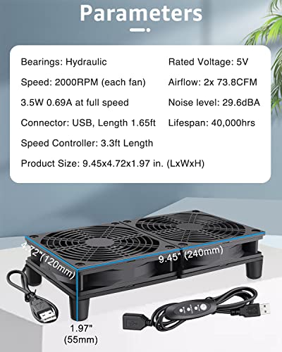 GDSTIME 240mm Router Fan Cooler with L/M/H Speed Control DC 5V USB Powered | Quiet Dual 120mm USB Computer Fan, for Router, Modem, Receiver, DVR, PlayStation, Xbox, Amplifier, Laptop, AV Cabinet Cooling