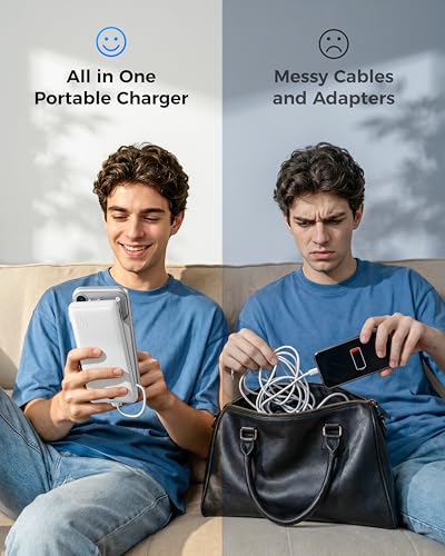 VEGER Portable Charger with Built-in AC Plug and Cables, All in One 10000mAh Ultra Slim Power Bank Travel Essentials, USB C External Battery Pack Compatible with iPhone, Samsung, More, White - color: B White