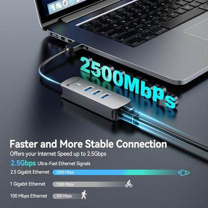 Yottamaster 4-in-1 USB A 3.0 Hub with 2.5Gbps Gigabit Ethernet – 3X USB-A 3.0 Ports, Aluminum LAN Converter, Plug and Play for MacBook Pro/Air, XPS, Windows, Mac OS, Linux, NAS - color: USB-A 2500Mbps
