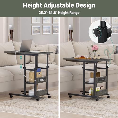 Height Adjustable End Table with Charging Station, Mobile C Shaped Laptop Side Table with Wheels, 3-Tier Sofa Couch Table with Storage Shelve for Living Room Bedroom, Black - color: Black