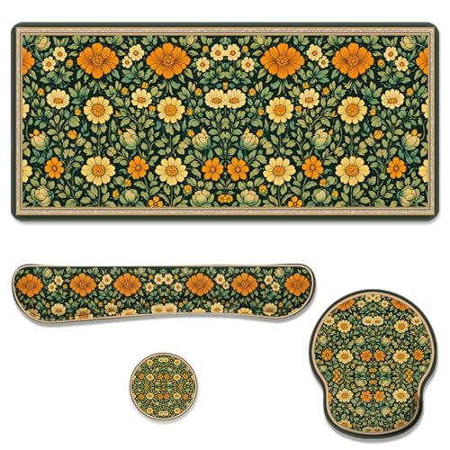 Vintage Floral Desk Mat Set Dark Green Orange Garden Mouse Pad with Wrist Rest 4in1 Desk Mat for Desktop Ergonomic Computer Desk Arm Wrist Anti-Slip Computer Ergonomic Mouse Pad Home Office Gaming - color: Vintage Floral
