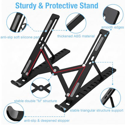 Marte Vanci Laptop Stand for Desk, Portable Computer Riser with 10 Adjustable Levels, Foldable Notebook Holder Ergonomic Ventilated Cooling ABS Computer Stand for Laptops Tablets Black - color: Black