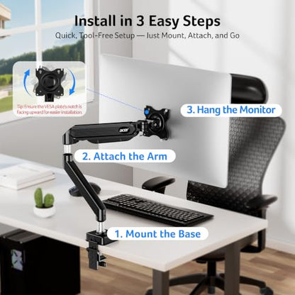 Acer Single Monitor Mount, Fully Adjustable Monitor Arm Fits 17-34" Screens | Gas Spring VESA Mount with C-Clamp & Grommet Base, Computer Desk Arm with Tilt Swivel Rotate Supports 4.4-19.8 lbs