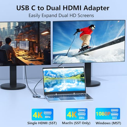 HDMI Splitter for Dual Monitors, Dual HDMI Adapter for 2 Monitors with USB3.0, 100W PD, HDTV Splitter Extended Display, USB C Hub Multiple Port, Laptop Docking Station for Dell/HP/Mac - style: 4 IN 1 HDMI+HDMI