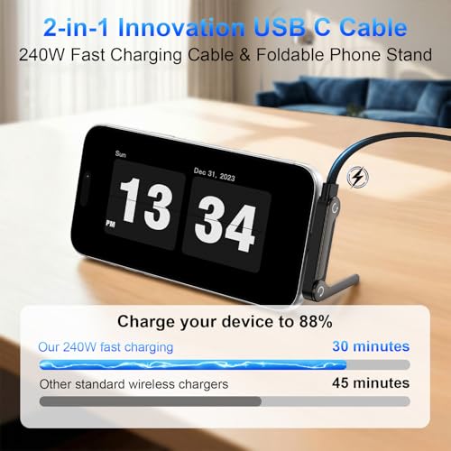 Invisible Holder Charger Cable,240W USB C to USB C Fast Charging Cable,5FT Right Angle Fast Charge Cable with Built-in Phone Stand Flat USBC Cord for Samsung S26 Ultra S25 A17 S24,iPhone 17e,Pixel 10a