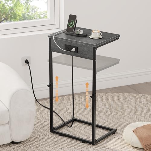 C Shaped End Table with Charging Station, Adjustable Height Side Table for Couch, Small Side Table, 33.2'' Tall Couch Tables that Slide Under, Tv Tray End Table for Living Room, Gray Walnut - color: Gray Walnut (1 Pack), style: With Plug