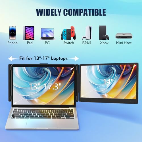 KEFEYA Laptop Screen Extender, 14" 1080P FHD IPS Laptop Monitor Extender for Home Office, Dual Travel Monitor for Laptops 13-17.3", USB-C HDMI Plug-Play for macOS Windows PS Switch Xbox Phone Pad - size: 14" Dual Monitor
