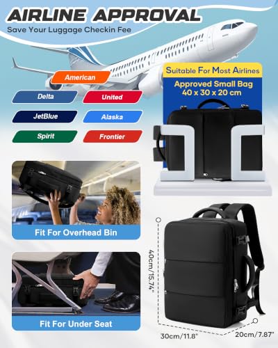 Travel Backpack for Women Men with Compression Vacuum Storage Bag & Electric Pump, Flight Approved Carry On Backpack, Frontier Spirit Airlines Personal Item Bag 18x14x8, Black - color: Black
