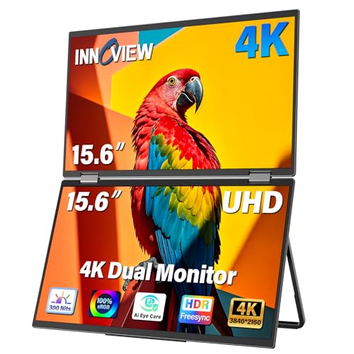 InnoView Portable Dual Monitor 15.6" 3840x2160P 4K 100% sRGB | Owl Eye Vision - Foldable Design with 315° Screen Adjustment, 180° Stand | DP/USB-C/HDMI, Dual Screen Extender for Laptop, Mac, Windows - size: 15.6 in