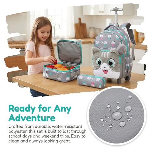 Kids Fluffy Cat Rolling Backpack for Girls, Bookbag Wheeled Gray | Trolley Suitcases Luggage, Travel with Wheels, 3PCS Roller Backpacks Set, Toddler School Bags, Elementary Back Pack - color: Gray-0121-maomi